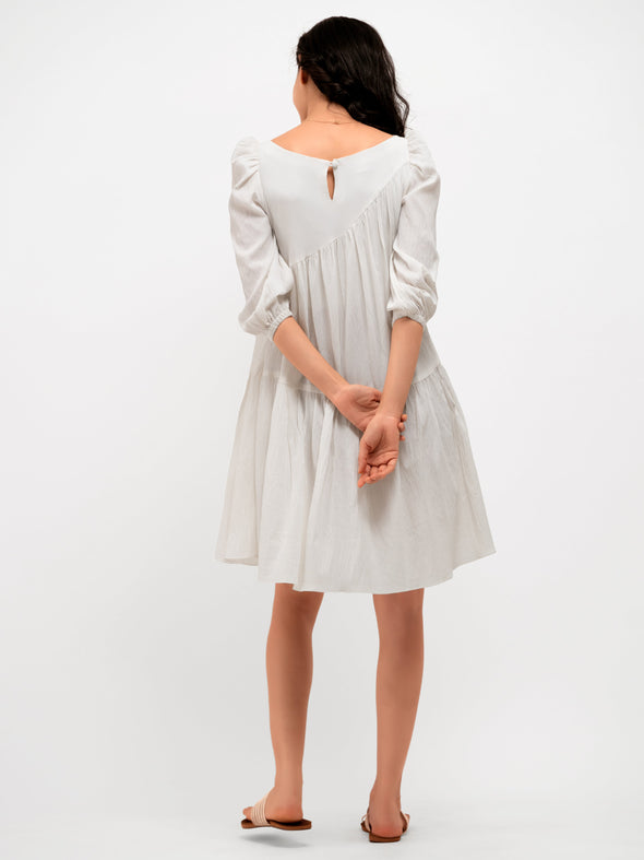 Boat Neck Puff Sleeves A-Line Dress