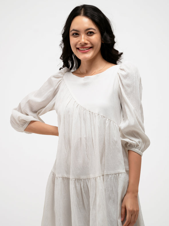 Boat Neck Puff Sleeves A-Line Dress