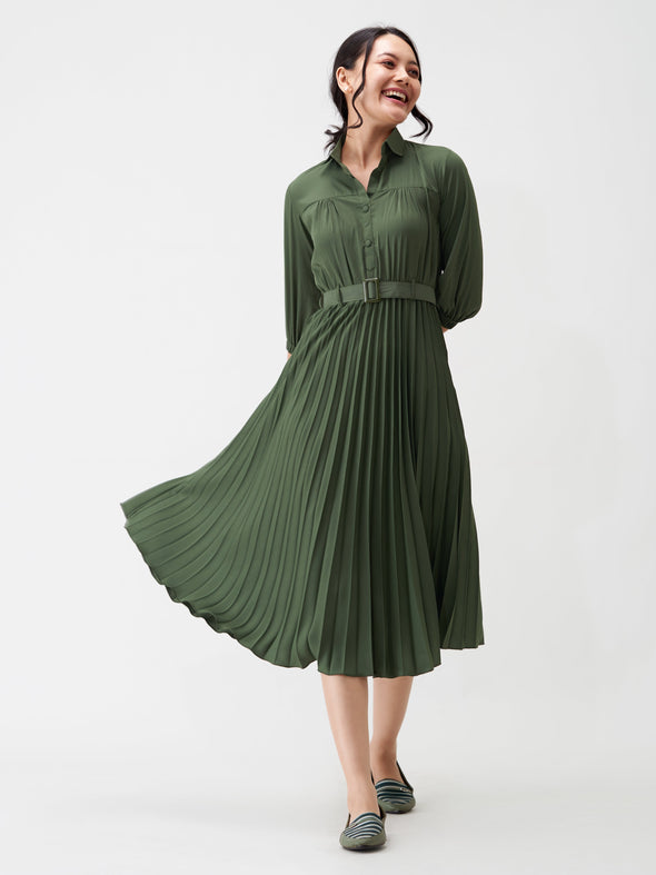 Accordion Pleated Belted Shirt Midi Dress