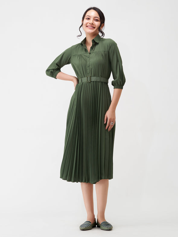 Accordion Pleated Belted Shirt Midi Dress