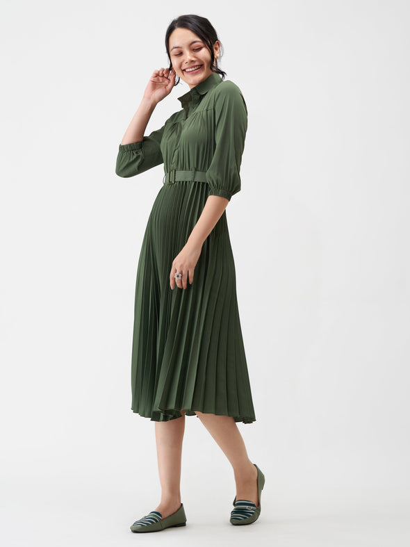 Accordion Pleated Belted Shirt Midi Dress
