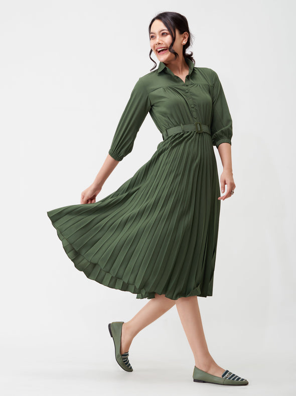 Accordion Pleated Belted Shirt Midi Dress