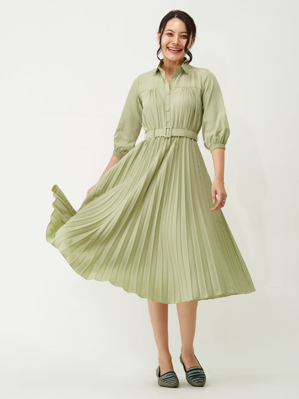 Accordion Pleated Belted Shirt Midi Dress