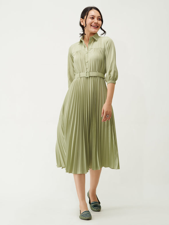 Accordion Pleated Belted Shirt Midi Dress