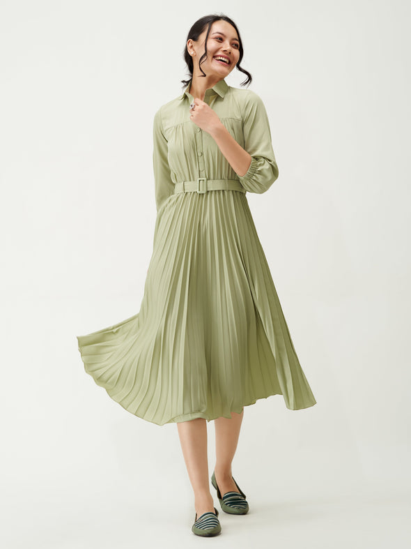 Accordion Pleated Belted Shirt Midi Dress