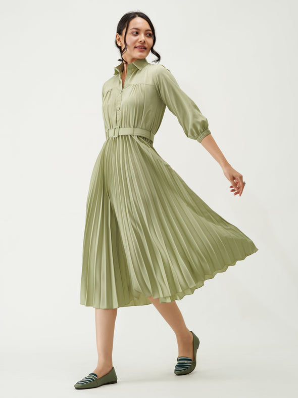 Accordion Pleated Belted Shirt Midi Dress