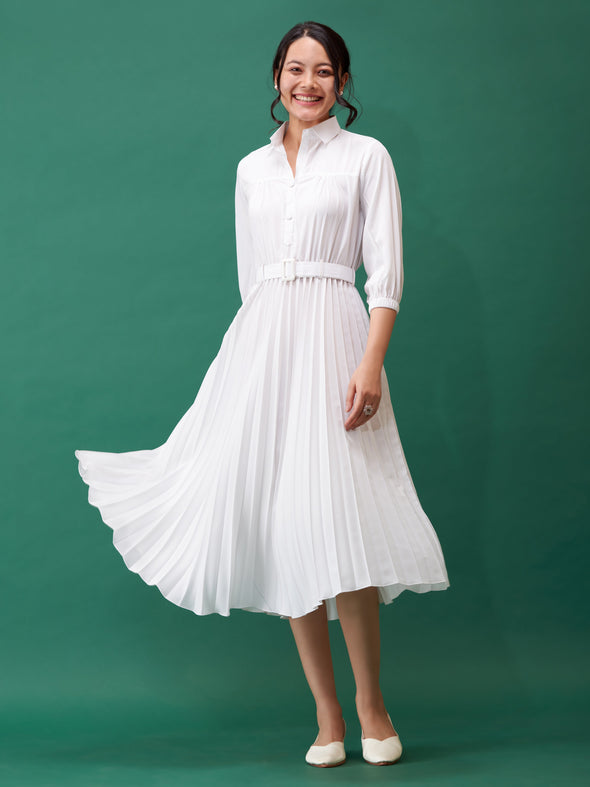 Accordion Pleated Belted Shirt Midi Dress