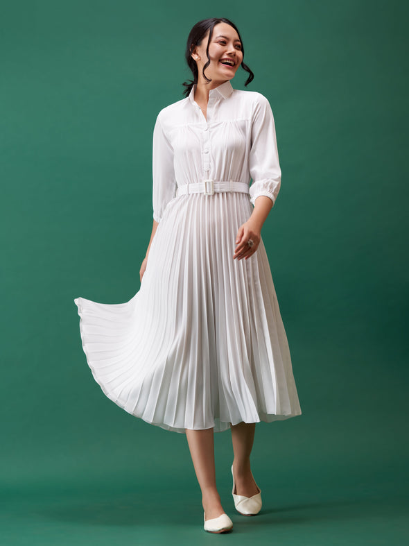 Accordion Pleated Belted Shirt Midi Dress