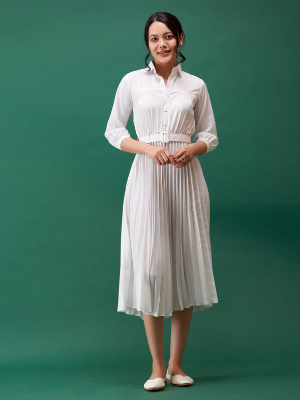 Accordion Pleated Belted Shirt Midi Dress