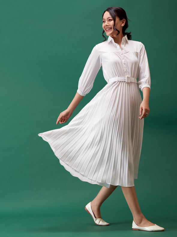 Accordion Pleated Belted Shirt Midi Dress