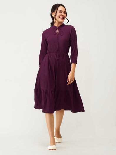 Tie-Up Neck Crepe Fit  Flare Dress