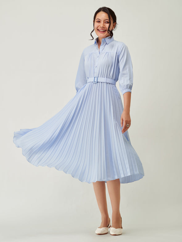 Accordion Pleated Belted Shirt Midi Dress