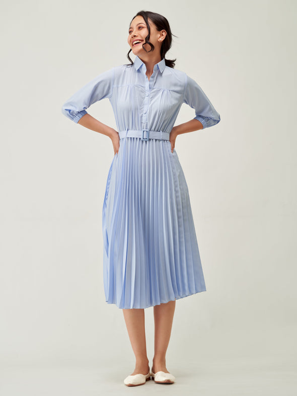 Accordion Pleated Belted Shirt Midi Dress