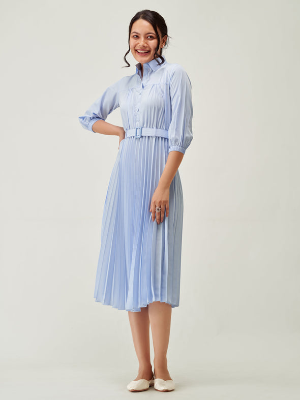 Accordion Pleated Belted Shirt Midi Dress