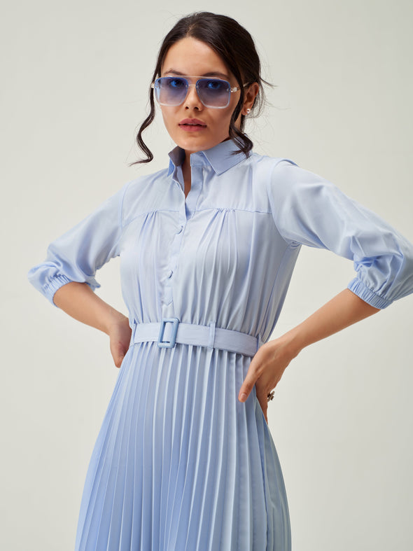 Accordion Pleated Belted Shirt Midi Dress