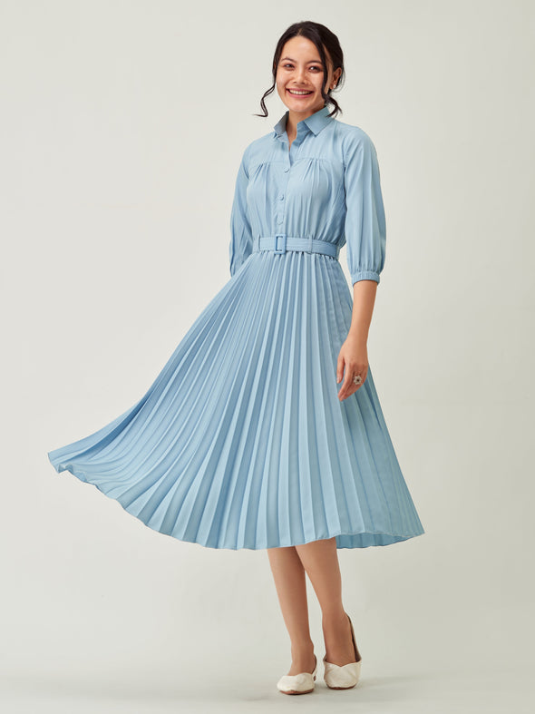 Accordion Pleated Belted Shirt Midi Dress