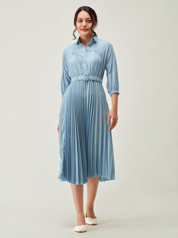 Accordion Pleated Belted Shirt Midi Dress