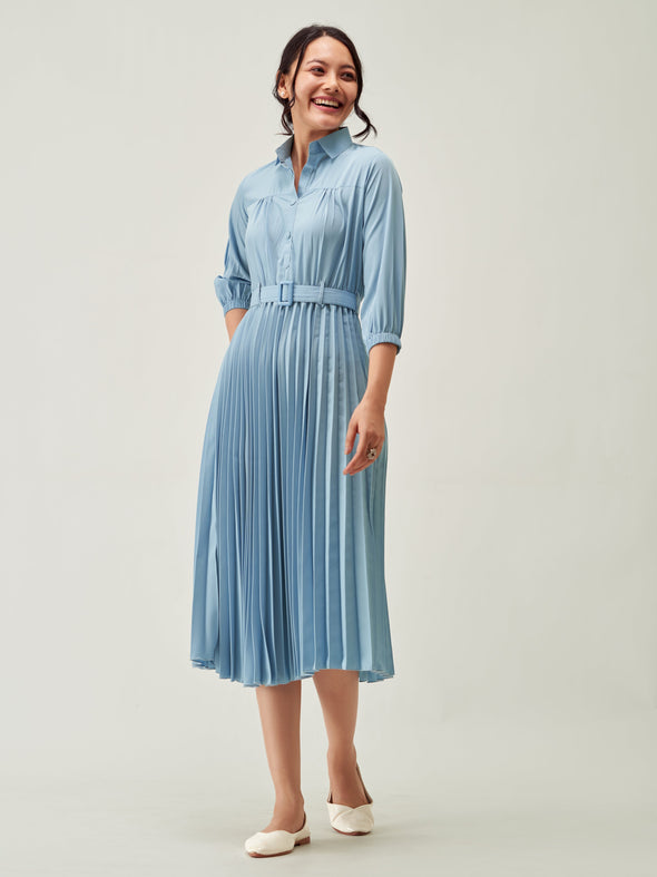Accordion Pleated Belted Shirt Midi Dress