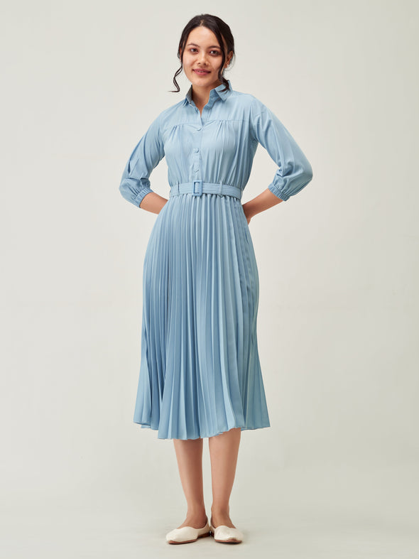 Accordion Pleated Belted Shirt Midi Dress