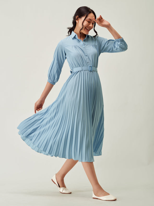 Accordion Pleated Belted Shirt Midi Dress