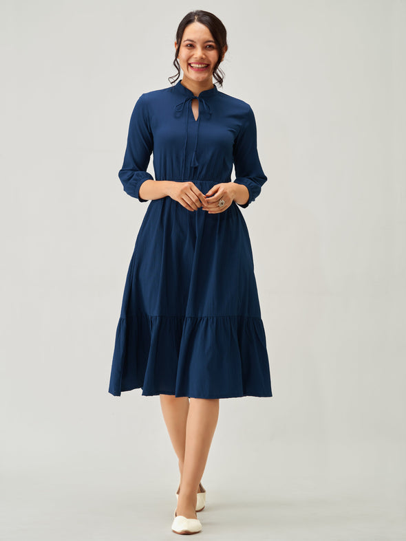 Tie-Up Neck Crepe Fit  Flare Dress