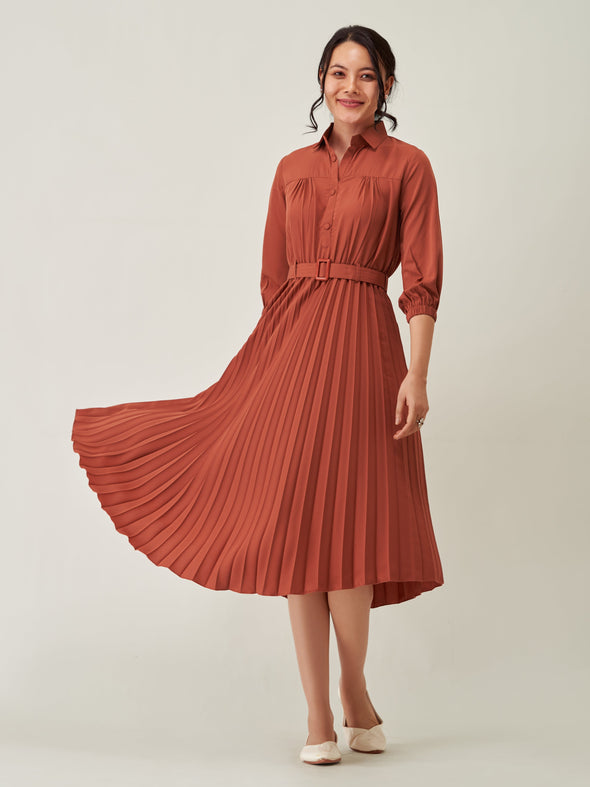 Accordion Pleated Belted Shirt Midi Dress