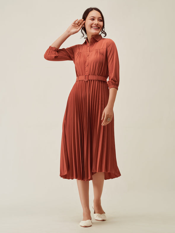 Accordion Pleated Belted Shirt Midi Dress