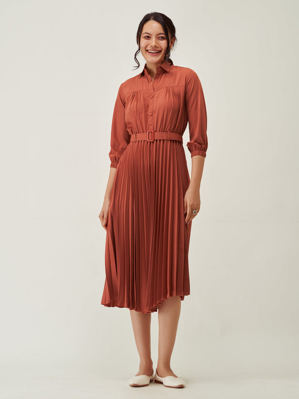 Accordion Pleated Belted Shirt Midi Dress