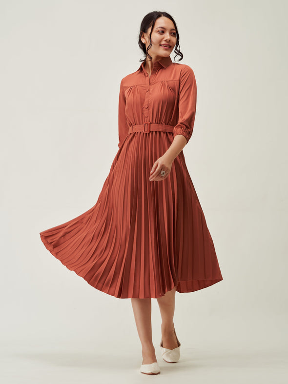 Accordion Pleated Belted Shirt Midi Dress