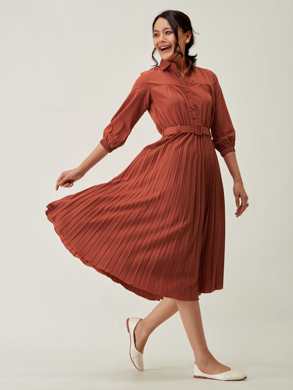 Accordion Pleated Belted Shirt Midi Dress