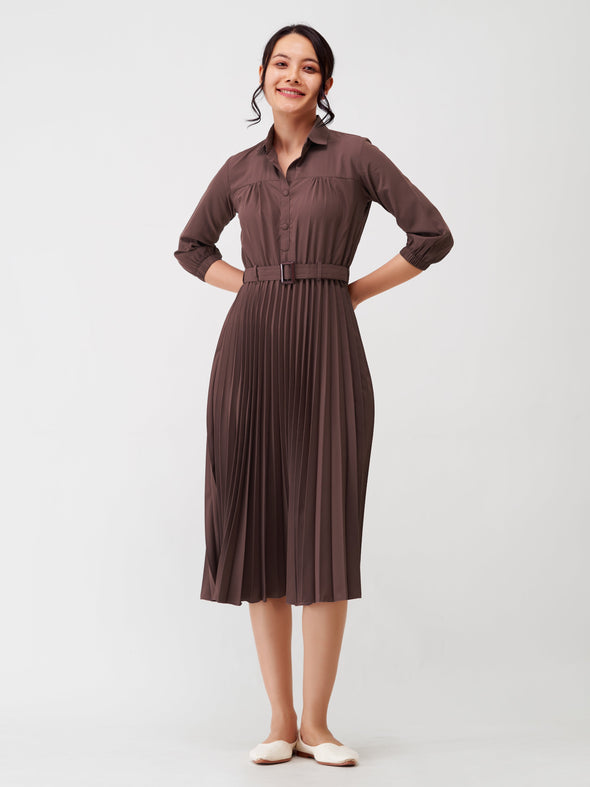 Accordion Pleated Belted Shirt Midi Dress