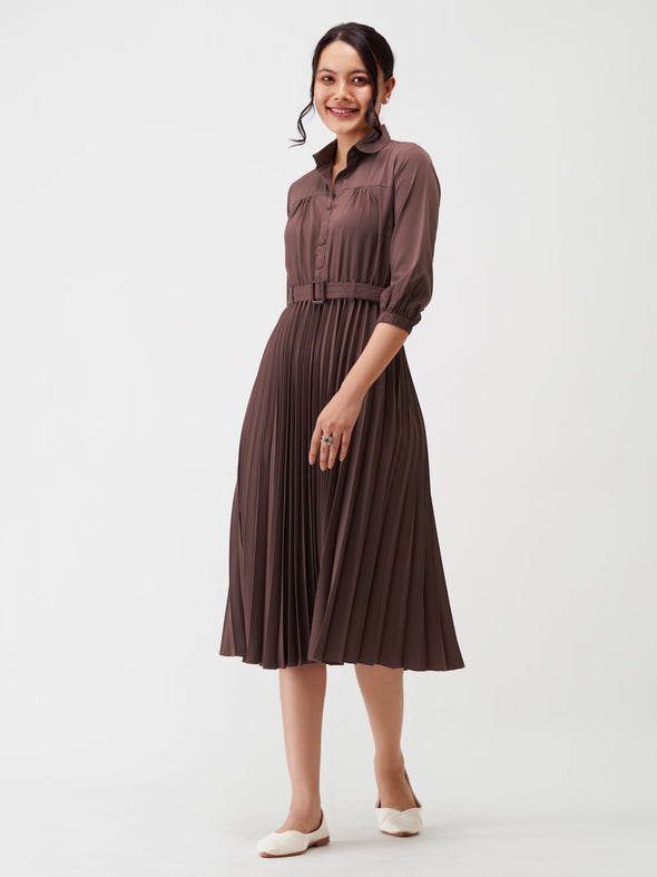 Accordion Pleated Belted Shirt Midi Dress