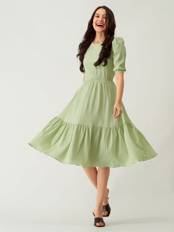 Puff Sleeve Crepe Fit  Flare Midi Dress