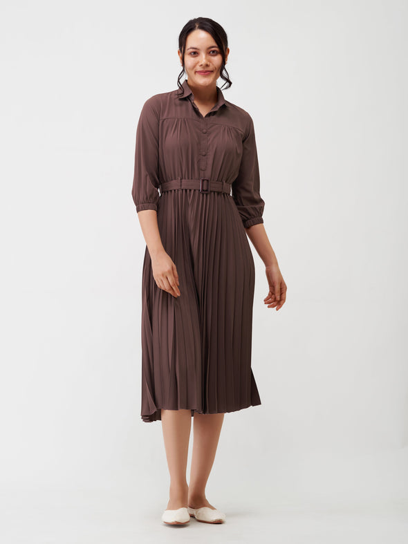 Accordion Pleated Belted Shirt Midi Dress