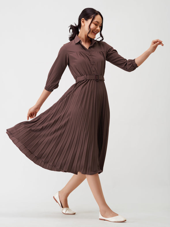 Accordion Pleated Belted Shirt Midi Dress
