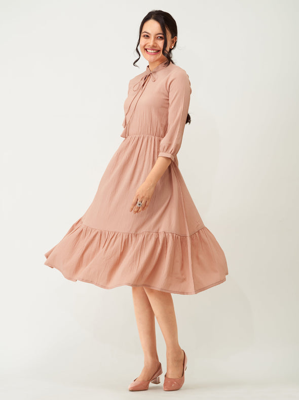 Tie-Up Neck Crepe Fit  Flare Dress