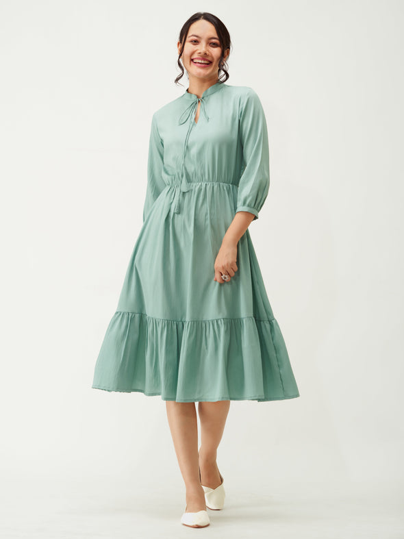 Tie-Up Neck Crepe Fit  Flare Dress
