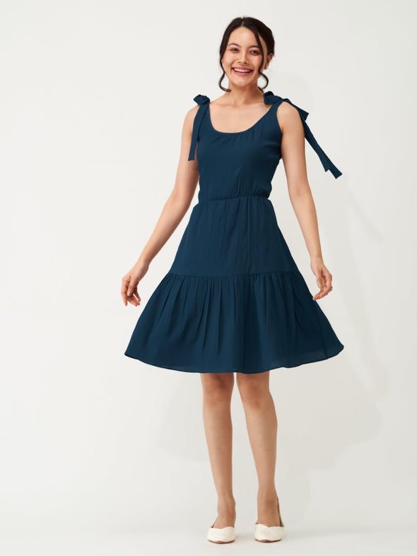 Shoulder Straps Tiered Crepe Fit  Flare dress