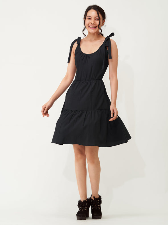 Shoulder Straps Tiered Crepe Fit  Flare dress