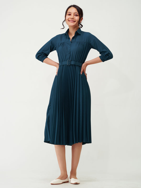 Accordion Pleated Belted Shirt Midi Dress