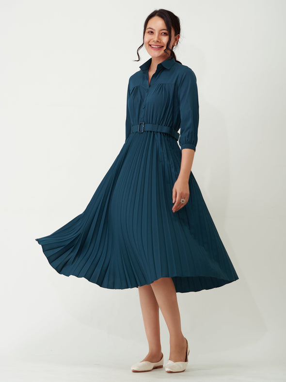 Accordion Pleated Belted Shirt Midi Dress