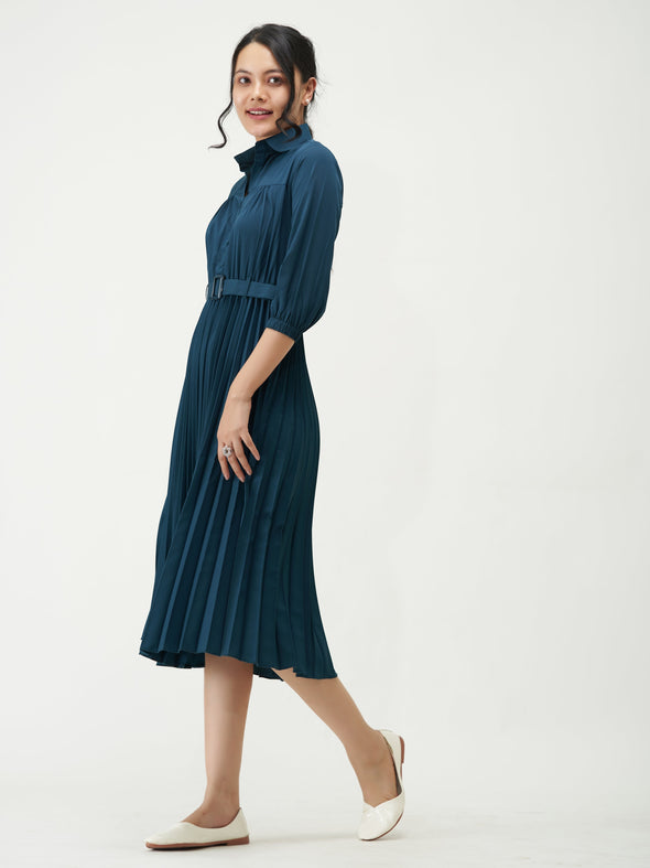 Accordion Pleated Belted Shirt Midi Dress