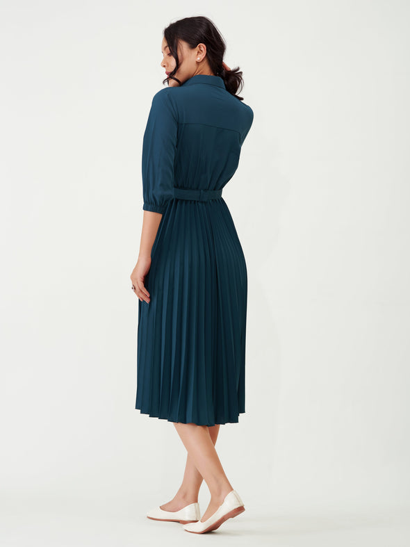 Accordion Pleated Belted Shirt Midi Dress