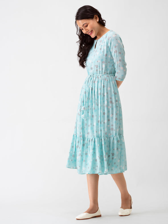 Polka Dots Floral Printed Tie Up Crepe A-Line Dress