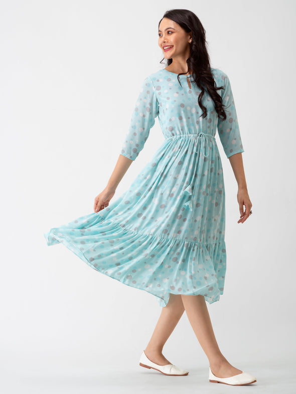 Polka Dots Floral Printed Tie Up Crepe A-Line Dress