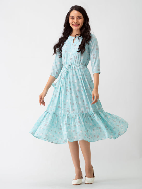 Polka Dots Floral Printed Tie Up Crepe A-Line Dress