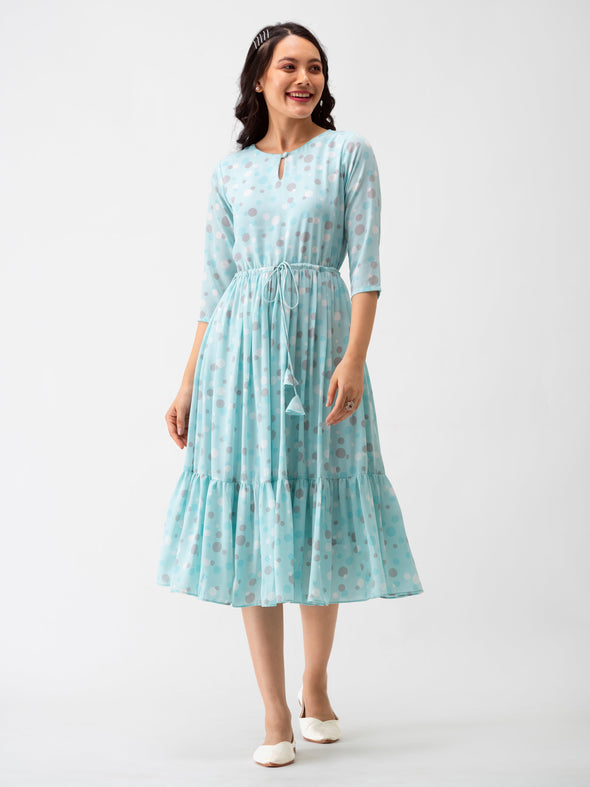 Polka Dots Floral Printed Tie Up Crepe A-Line Dress