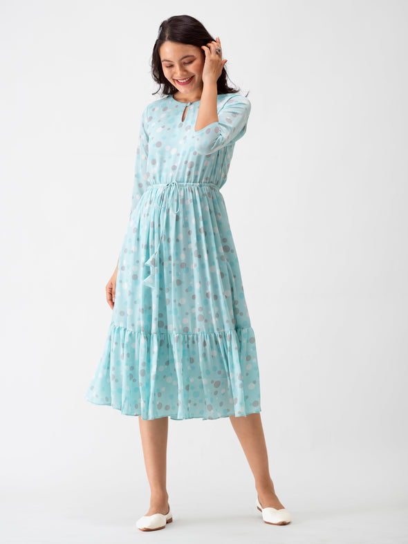 Polka Dots Floral Printed Tie Up Crepe A-Line Dress