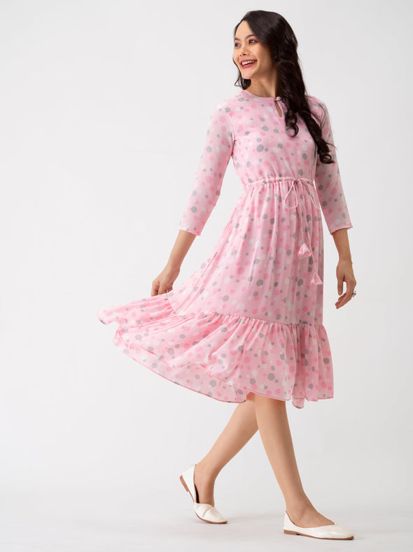 Polka Dots Floral Printed Tie Up Crepe A-Line Dress