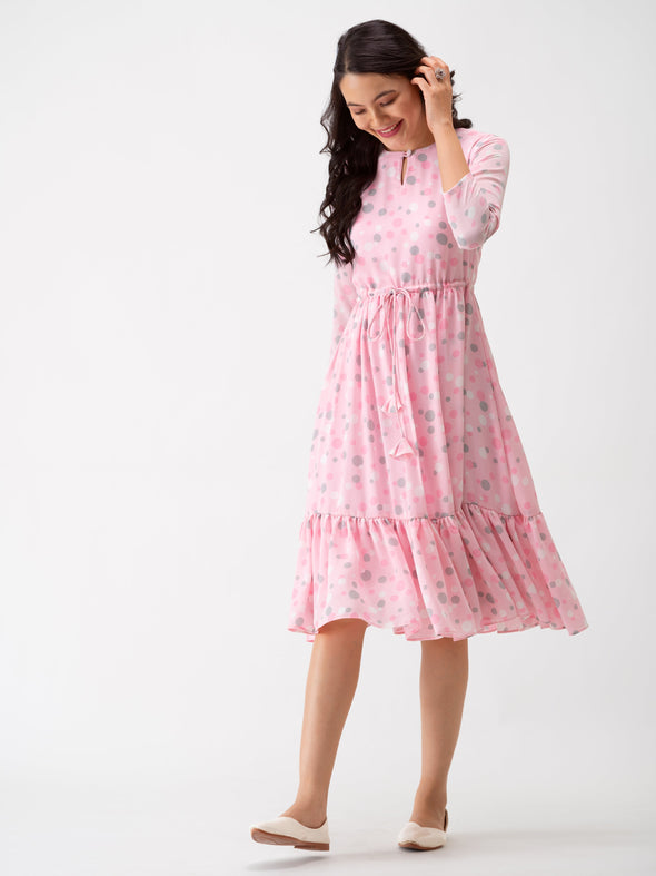 Polka Dots Floral Printed Tie Up Crepe A-Line Dress